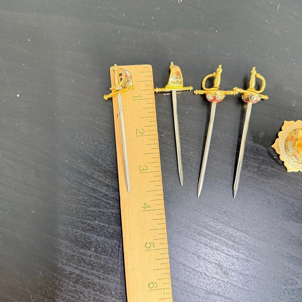 Vintage Toledo Spanish Mini Sword Cocktail Pick Set 4 Picks Stand Made in Spain